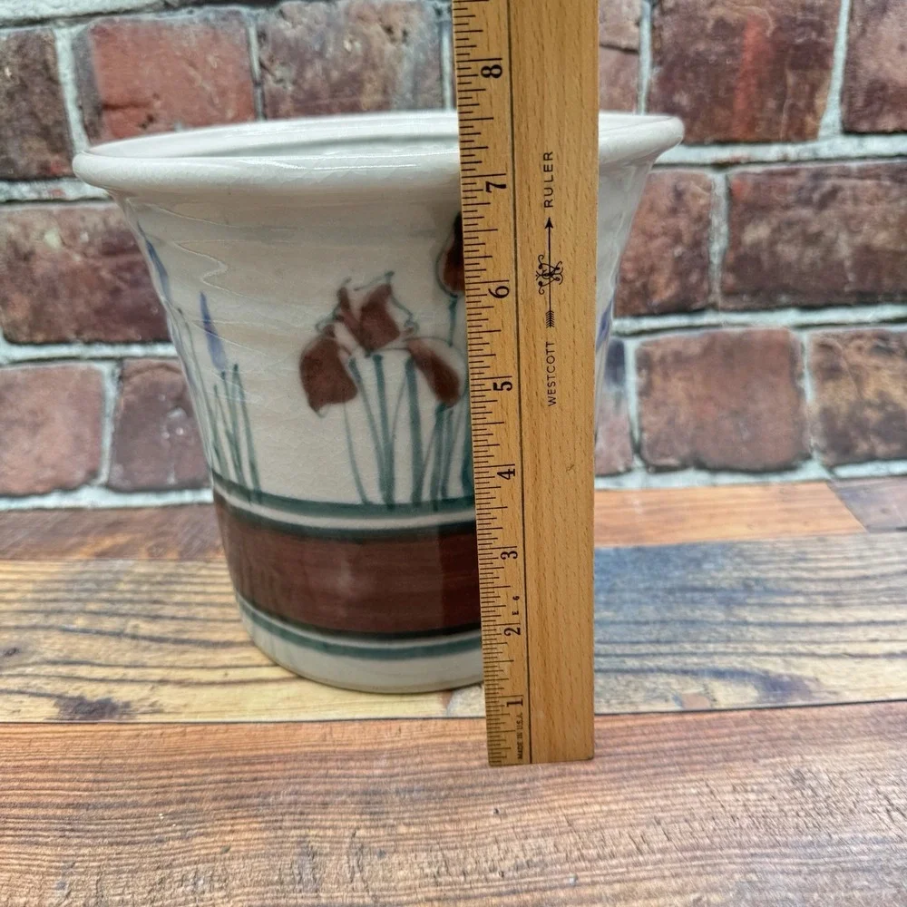 Studio Art Hand Thrown Reynolds Pottery Planter Iris Signed Botanical Michigan